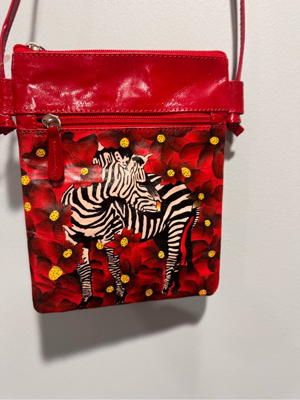 Hand painted Red leather Crossbody Bag with zebra.